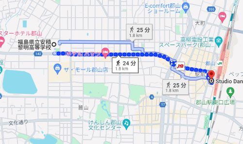 SDHダンススタジオから福島県立安積黎明高等学校までの経路地図